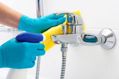Cleaning products and protective equipment arranged safely
