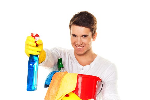 Trained cleaner inspecting carpet area before treatment